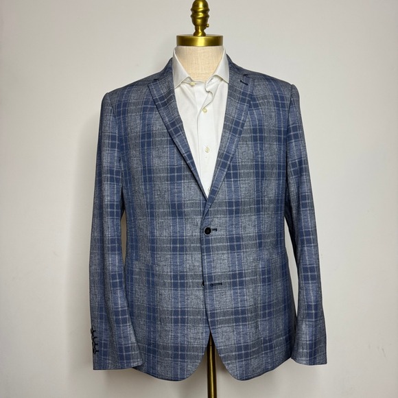 Paisley & Gray Slim Fit Blazer 44R Blue Gray Plaid Modern Sport Coat - Picture 1 of 10